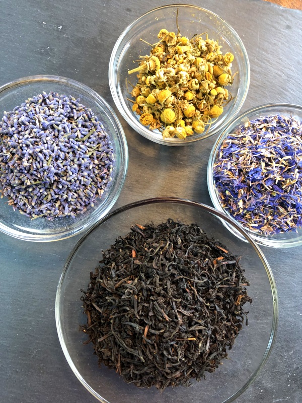 Profile photo of Blue Moon Tea Ingredients lavender buds, chamomile,cornflower petals and Earl Gray tea from www.ApronFreeCooking.com