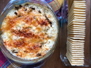 Herbal Cheese Dip a light appetizer with crackers on a multi colored towel from www.ApronFreeCooking.com