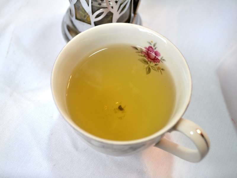 Lavender Chamomile Tea in tea cup with rose from www.ApronFreeCooking.com