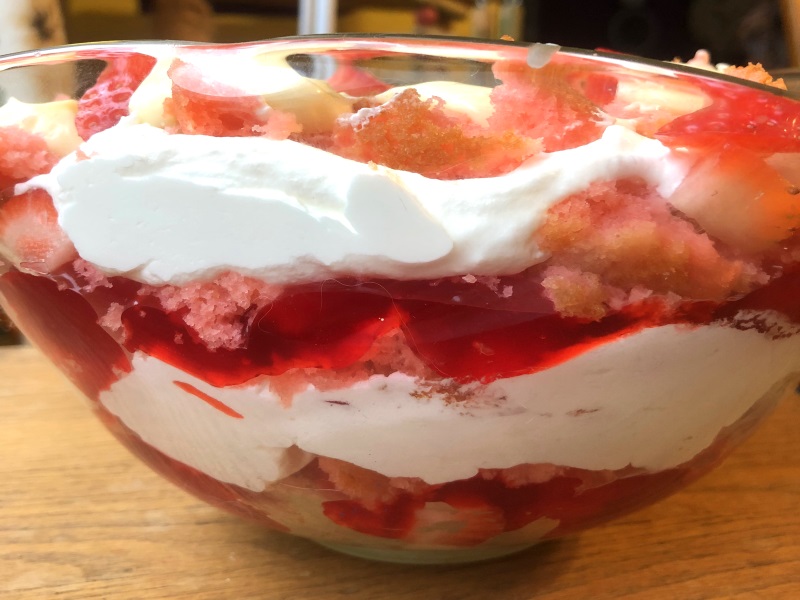 Strawberry trifle dessert, layered cake, berries and whipped cream from www.ApronFreeCooking.com