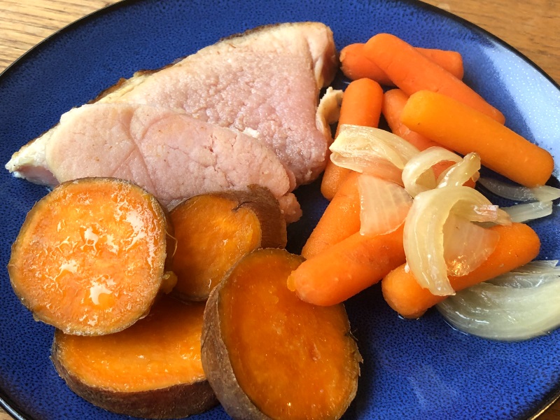Crockpot Ham Supper with carrots, sweet potatoes and onions on blue plate from www.ApronFreeCooking.com