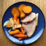 Crockpot ham supper with sweet potatoes, carrots and onions on a blue plate from www.ApronFreeCooking.com