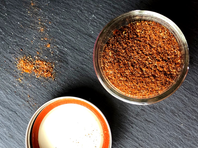 Homemade Taco Seasoning, from above, on slate gray background from www.ApronFreeCooking.com