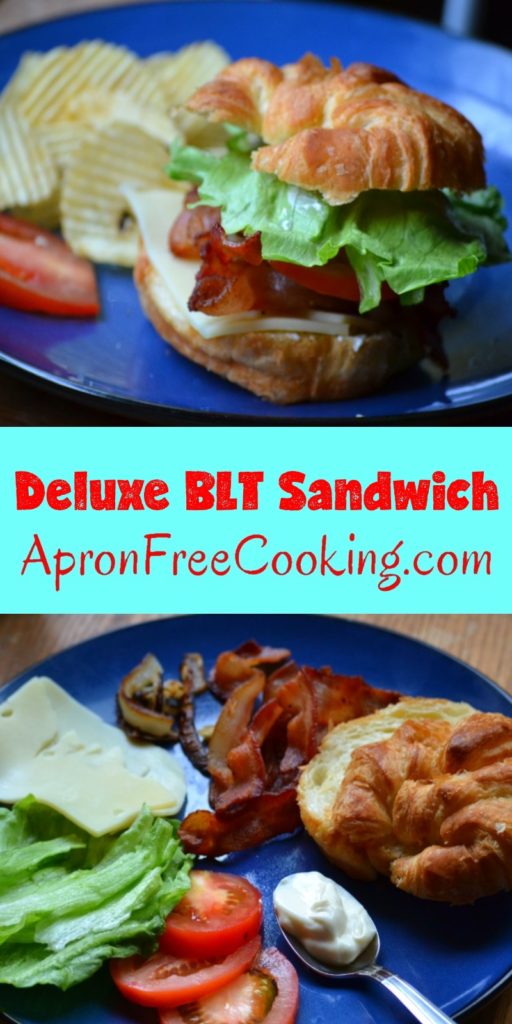 Deluxe BLT Sandwich served on blue plate with potato chips from www.ApronFreeCooking.com