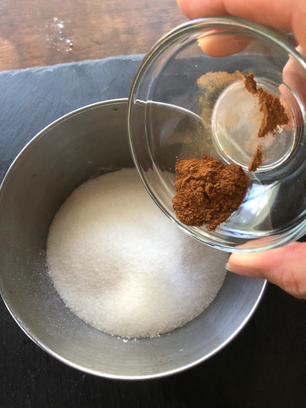 Step 9: Sugar + Cinnamon in small mixing bowl to make blueberry buckle crumb topping 