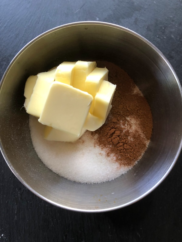 Step 10: add Butter to cinnamon and sugar in small mixing bowl for the crumb topping on your blueberry buckle