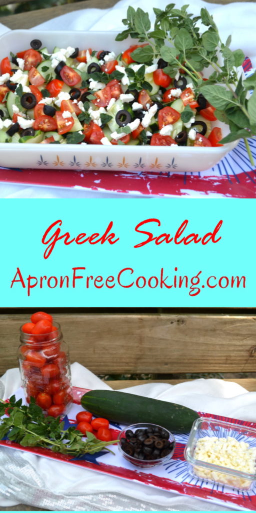 Pinterest image with Greek Salad on top and ingredients photo on the bottom