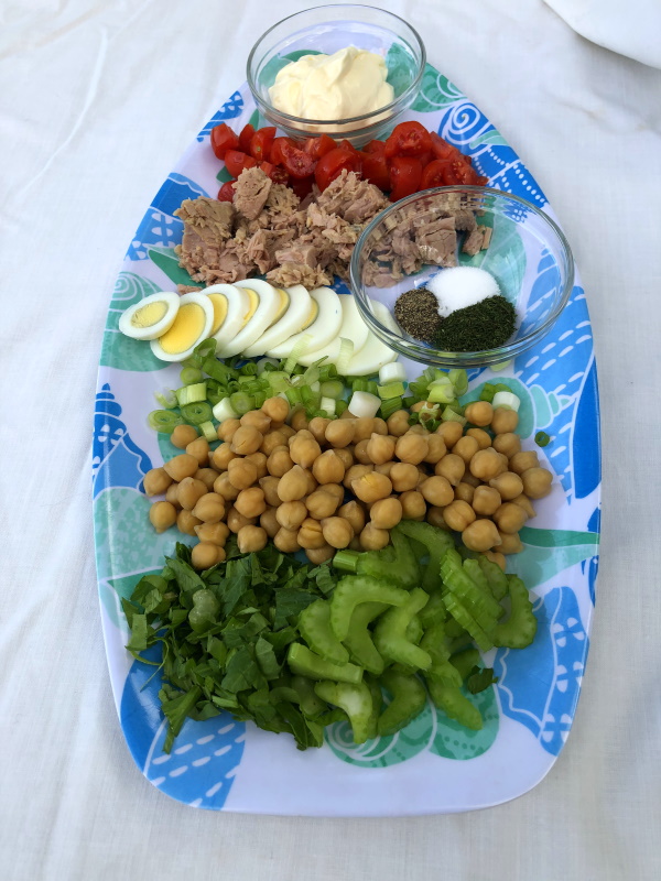 Tuna salad ingredients on plate