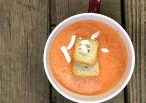 roasted red pepper soup overhead view