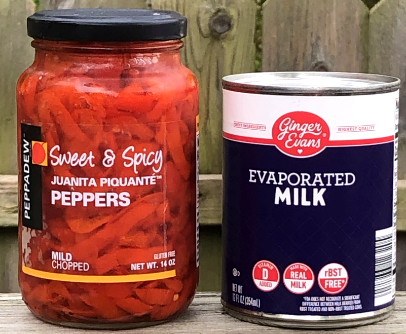 jar of roasted red peppers with can of evaporated milk, roasted red pepper soup ingredients