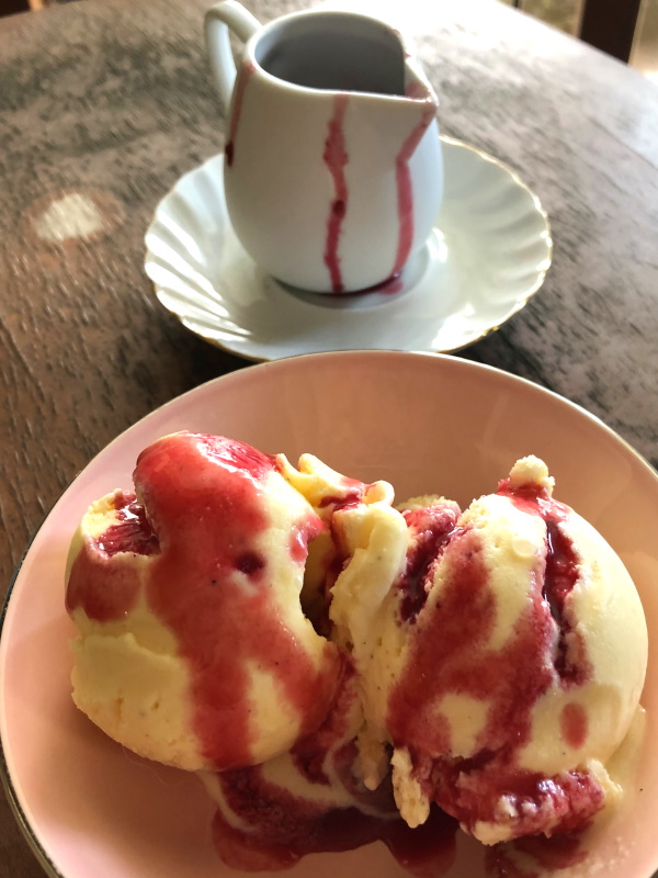 vanilla ice cream in pink bowl topped with homemade raspberry syrup
