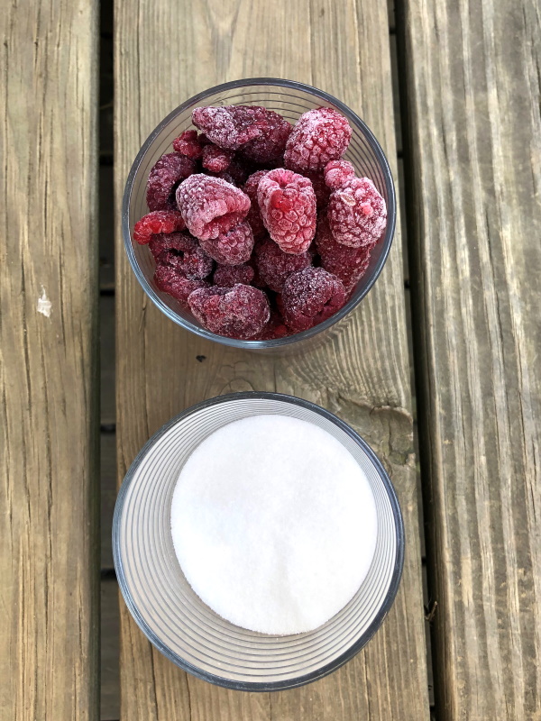 homemade Raspberry syrup ingredients sugar and raspberries